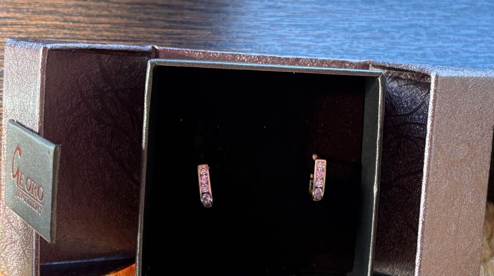 Златни обеци с Цирконий и Розов Кварц 1.17гр-14к