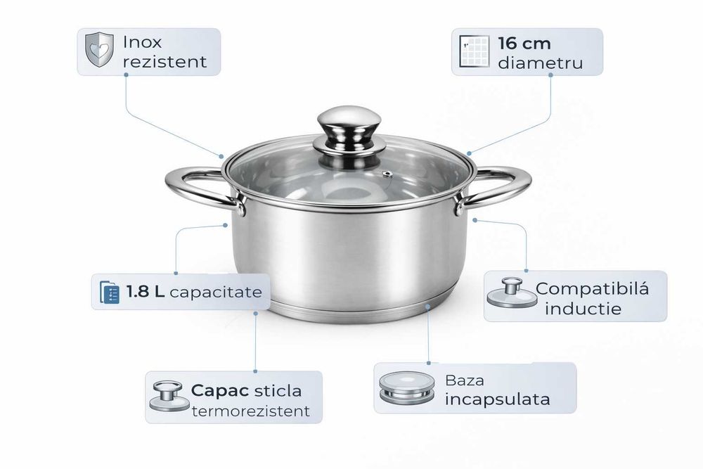 Oala inox Swiss Z Line 16 cm cu capac sticla 1.8 L