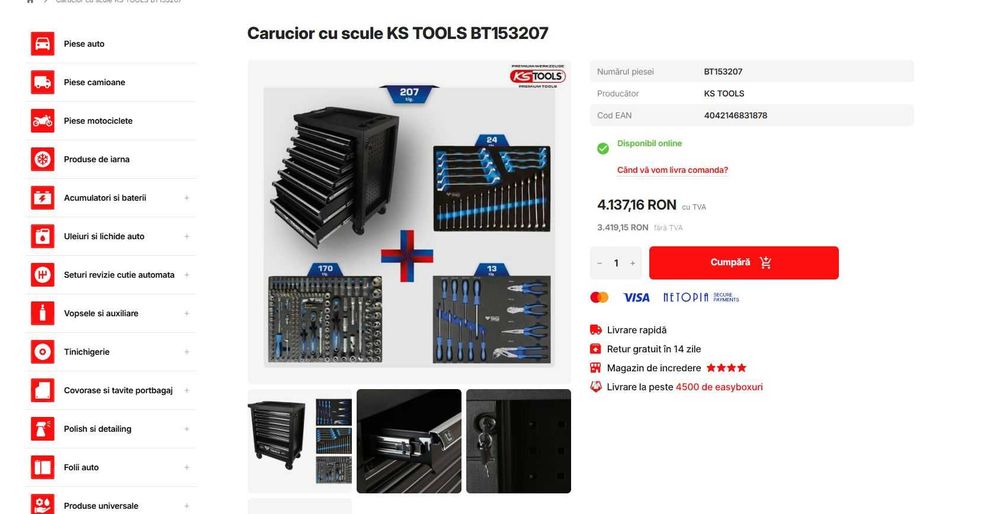 Carucior cu scule KS Tools BT153207, 7 sertare și 207 scule