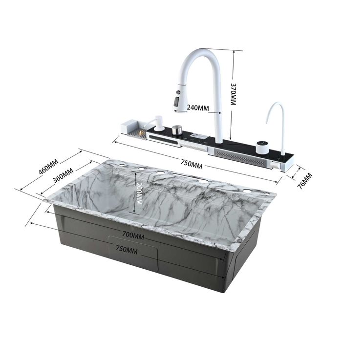 Бял мрамор - Мултифункционална кухненска мивка с двоен водопад