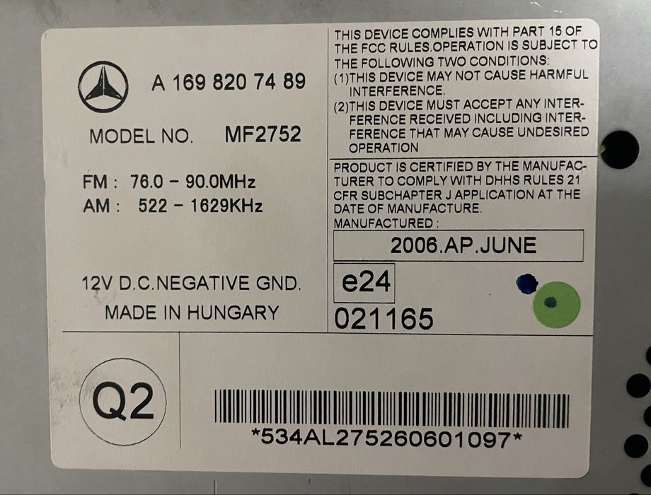 Автомагнитола Mersedes A 169