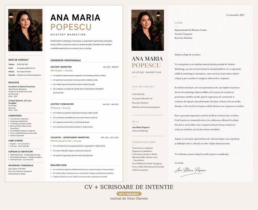 CV profesional ATS Friendly + Scrisoare de intenție | Design modern