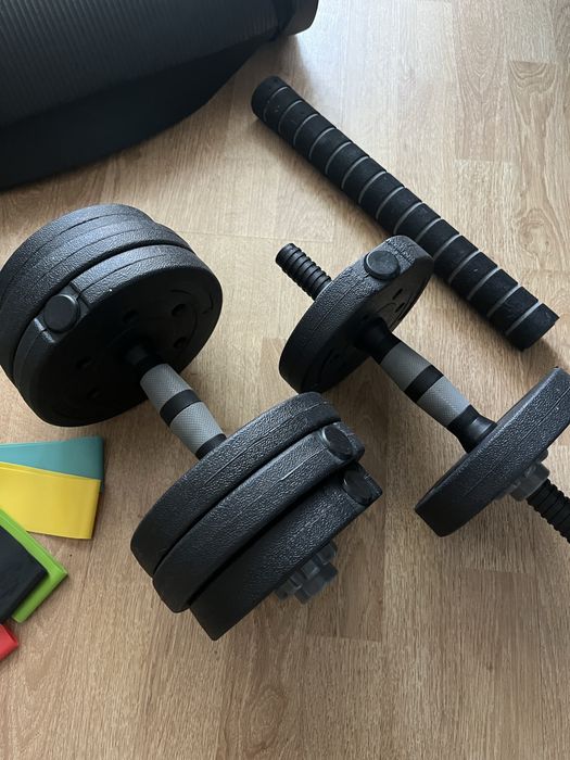 Set complet fitness acasă – Gantere reglabile 10 kg + Saltea + Set 5 benzi elastice | Ca noi