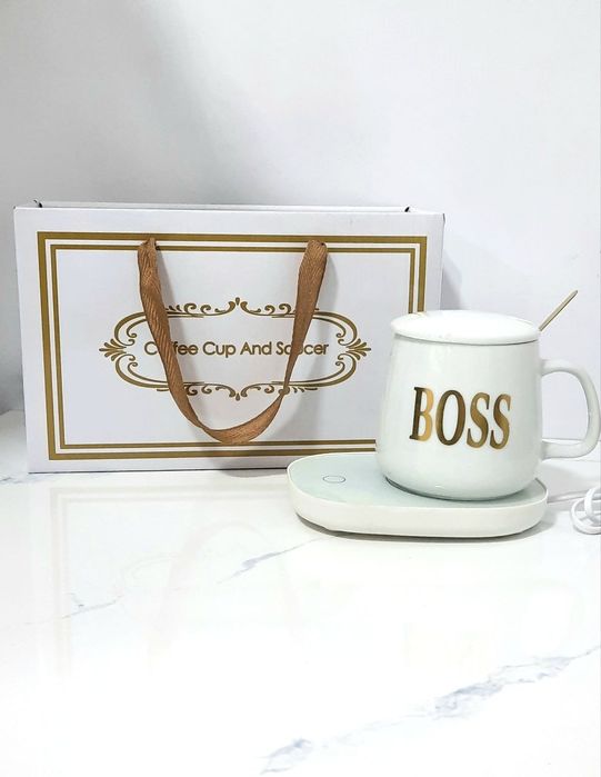 Кружка керамическая с подогревом на подставке подарочная