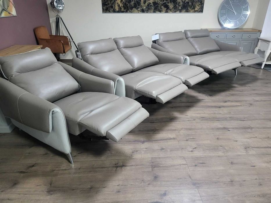 Бежов комплект кожени дивани с фотьойл с ел релакс механизъм