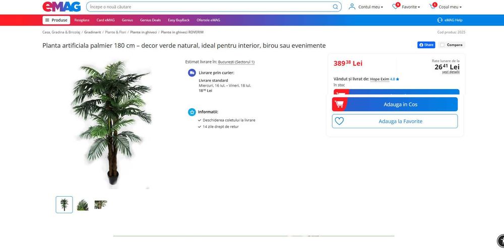 Planta artificiala palmier 180cm, verde natural, REDUS de la 390RON