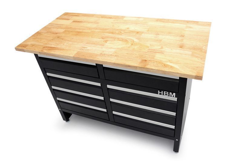 Метална работна маса 120 см с 8 чекмеджета и дървен плот