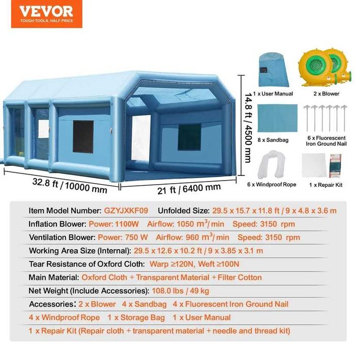 НЕМСКА Екстремно Голяма Надуваема Бояджийска Кабина VEVOR (10 x 6.4 x 4.5 m) + ЛЕД ФЕНЕР