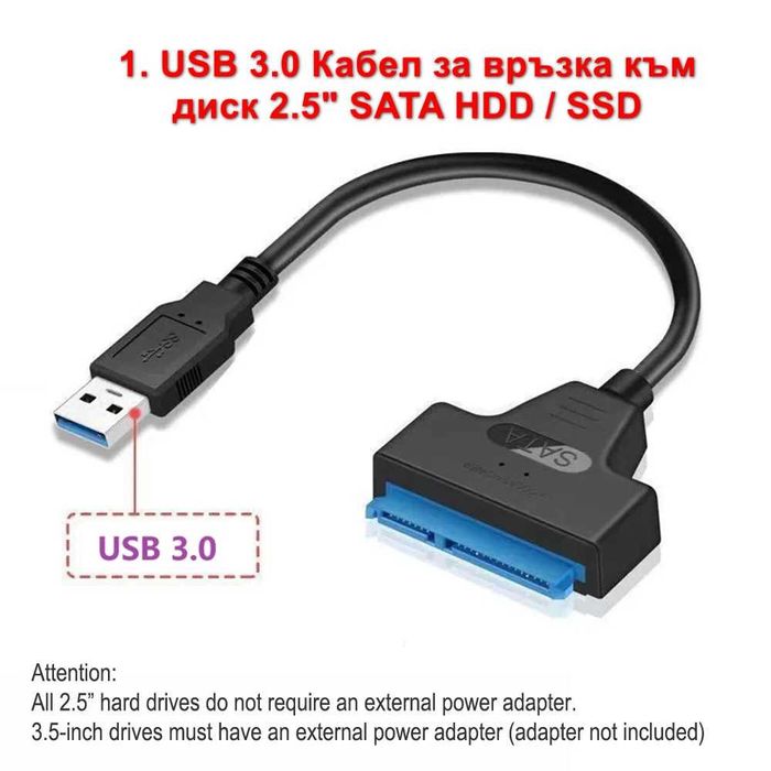 USB кабел за връзка към твърд диск 2.5"/3,5" SATA/IDE HDD/SSD/DVD