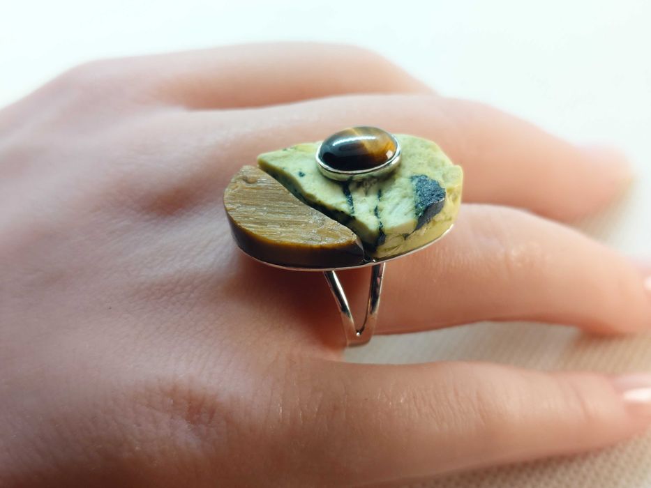 Inel argint (testat) ochi de tigru + jasp galben