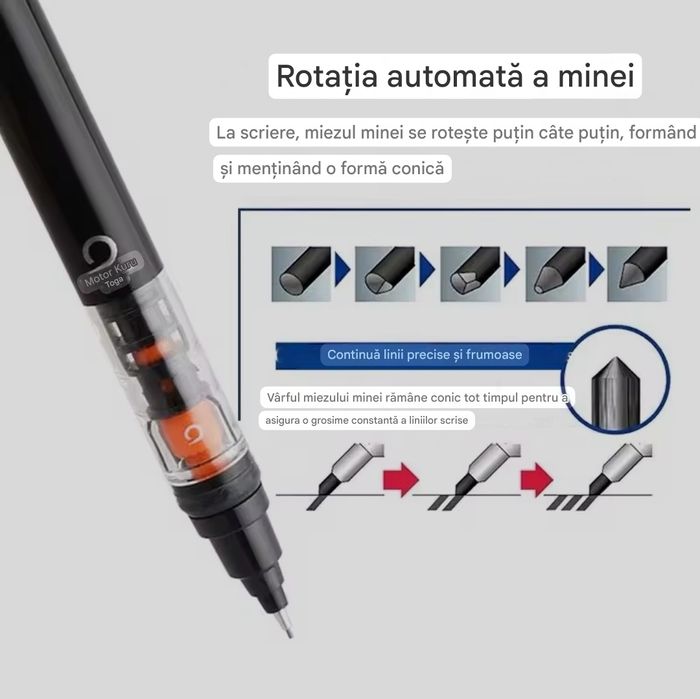 Creion mecanic pentru desen cu rotatie automata a minei
