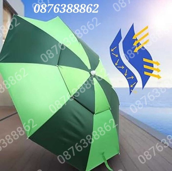 ПРОМО! Плажен чадър с чупещо рамо, УВ защита, калъф, тризъбец 190см.