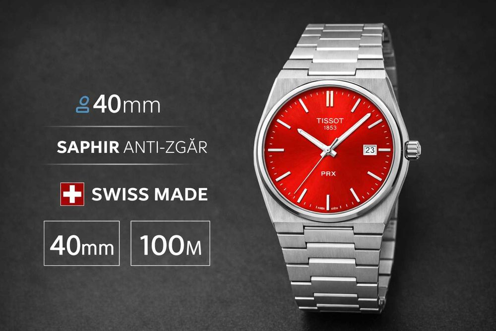 Tissot PRX 40mm Red Swiss Made Safir, Oțel Inoxidabil, Cutie + Factură