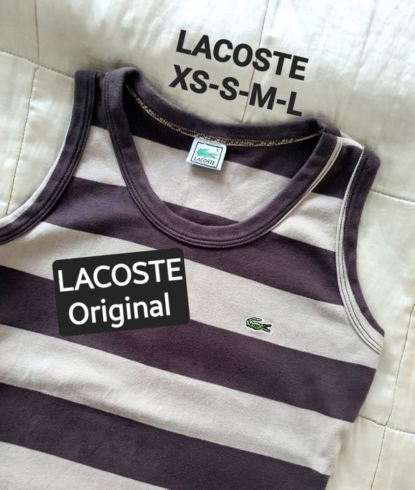 Top tricou Lacoste fara maneci,dama, femei dungi maro bej, bumbac premium elastic marime XS-M-L