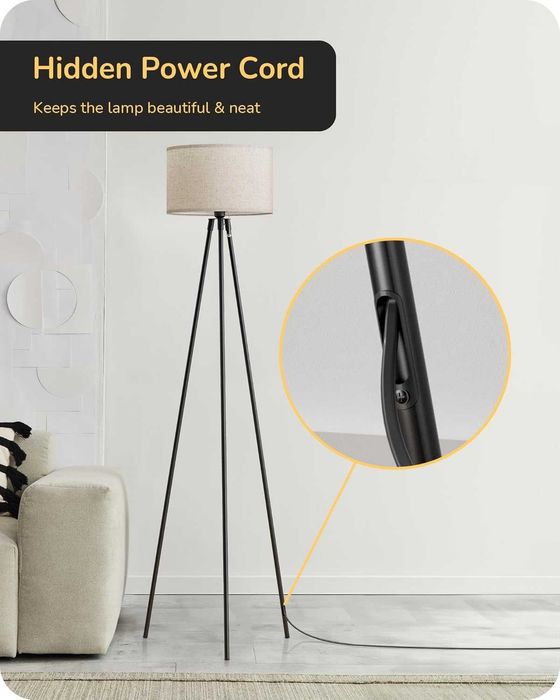 Lampă de podea EDISHINE trepied metalic negru | LED dimabil 3000K–6000K | telecomandă magnetică | bec E27 inclus