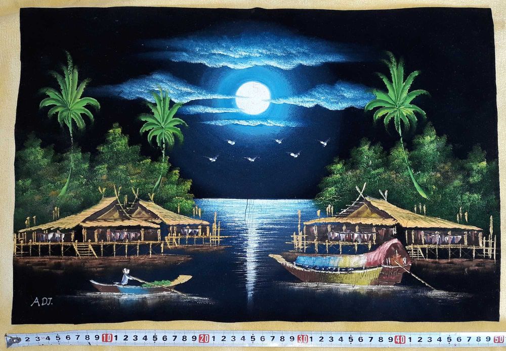 Картина, масло върху платно. нощен пейзаж на реката. Камбоджа