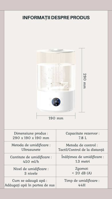 Umidificator de Aer, Sterilizator UV-C, Telecomanda, Rezervor 7.8L