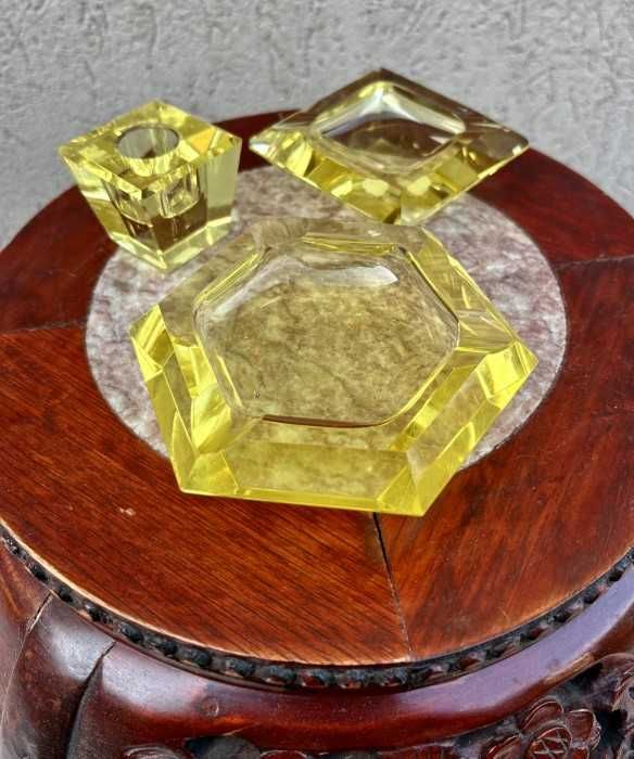 Elegant set cristal masiv-scrumiera hexagonala-scrumiera patrata-suport lumanare-Moser-Mid century-Germania