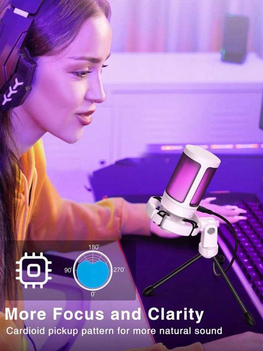 Mикрофон FIFINE A2 с RGB подсветка + стойка, USB Type-C, Бял