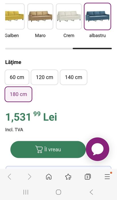 Canapea cu 3 locuri, albastru, 180 cm, catifea