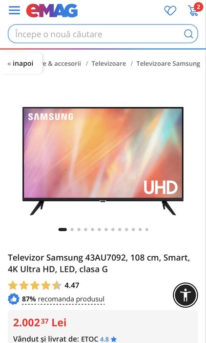 MDM vinde: TV Samsung 43AU7092, 108cm, Smart, 4K.