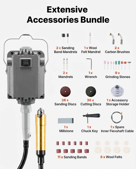 Polizor cu Ax Flexibil 1200W, 30000 rot/min, Pedala, Mandrina 0-6.5mm, Ax 990mm, Kit 112 Accesorii