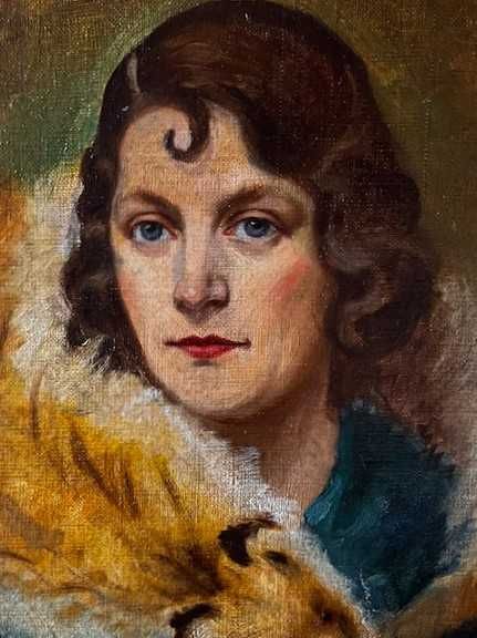 "DOAMNA CU GULER DE VULPE" Tablou f vechi, ulei/pz/c, semnat 50x36cm+R