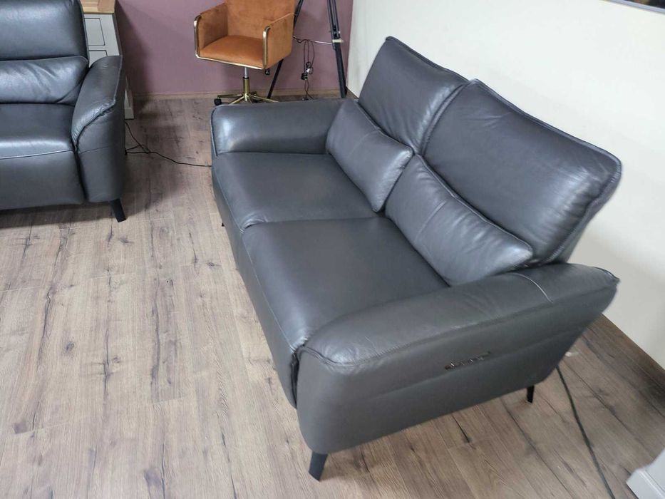 Сив кожен комплект дивани тройка и двойка с ел. релакс механизъм