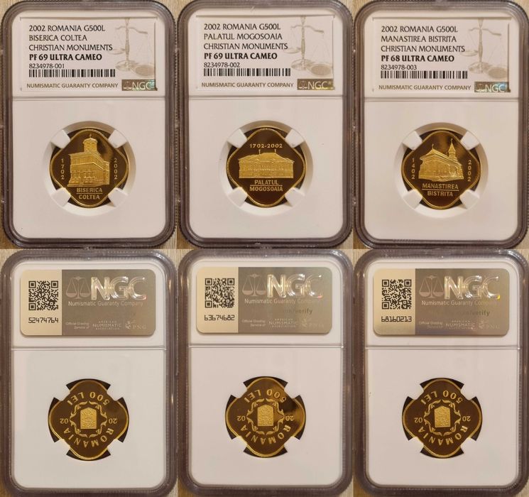 Set 3 monede BNR aur, monumente arta feudala, gradate NGC