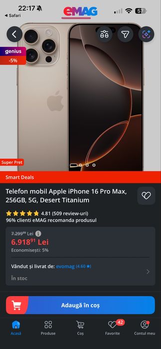 Apple iPhone 16 Pro Max, 256GB, 5G, Desert Titanium , baterie 93 %