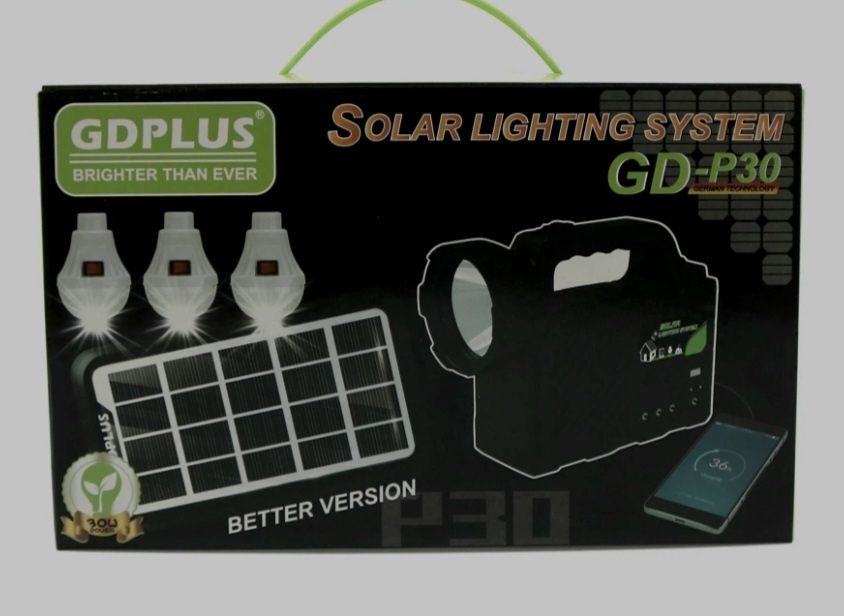 Sistem de iluminat solar GDPLUS, 3 becuri, lanterna, 24W, USB, GDP30