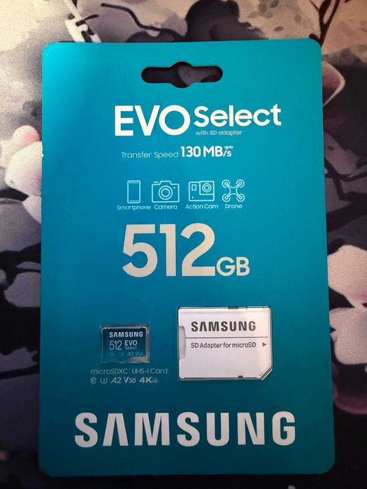 Карта памет Samsung EVO Select 512GB microSDXC (130 MB/s) + SD Адаптер