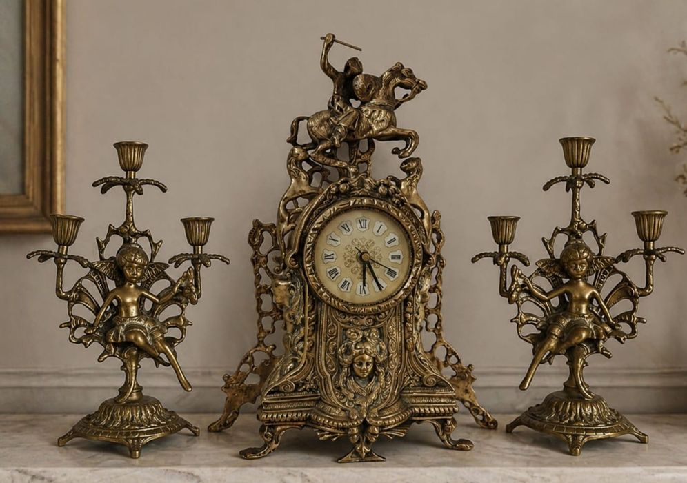 Superba garnitura de semineu din bronz masiv Baroc ,piese cu o lucrătură de o foarte mare finețe ,mecanism ceas Quartz funcțional,h 44 cm h ceas