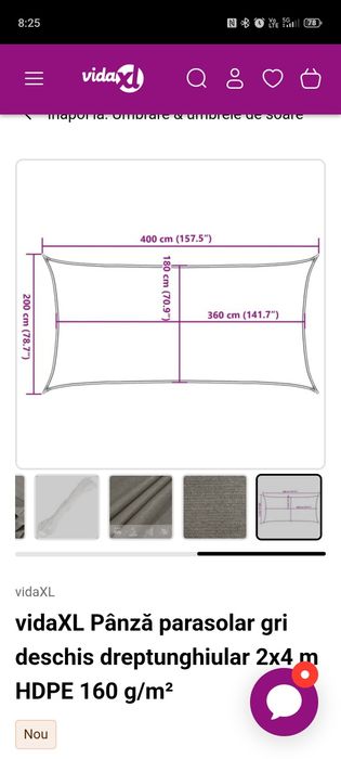Panza parasolar gri deschis dreptunghiular 2x4 m