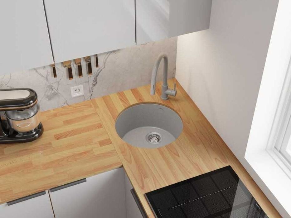 Сива кръгла кухненска мивка за вграждане под плот Валета 50 460x460 мм