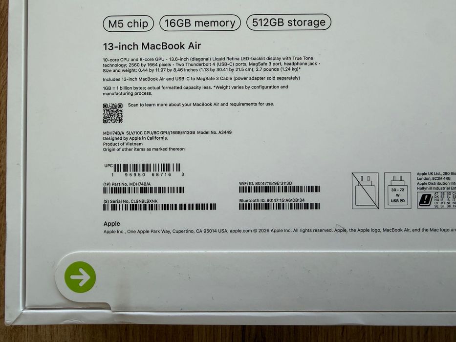 ЧИСТО НОВИ MacBook Air 13" M5 Chip 10-CPU, 8-GPU, 16GB RAM, 512GB SSD