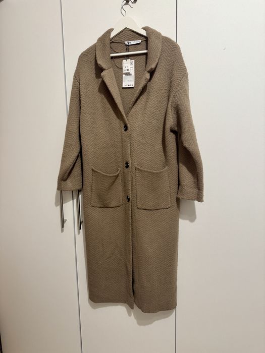 Pardesiu / palton midi tricotat bej taupe mix de lana Zara marimea XS