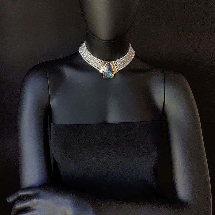 Colier chocker, perle cu boulder opal superb, aur si diamante, certif.
