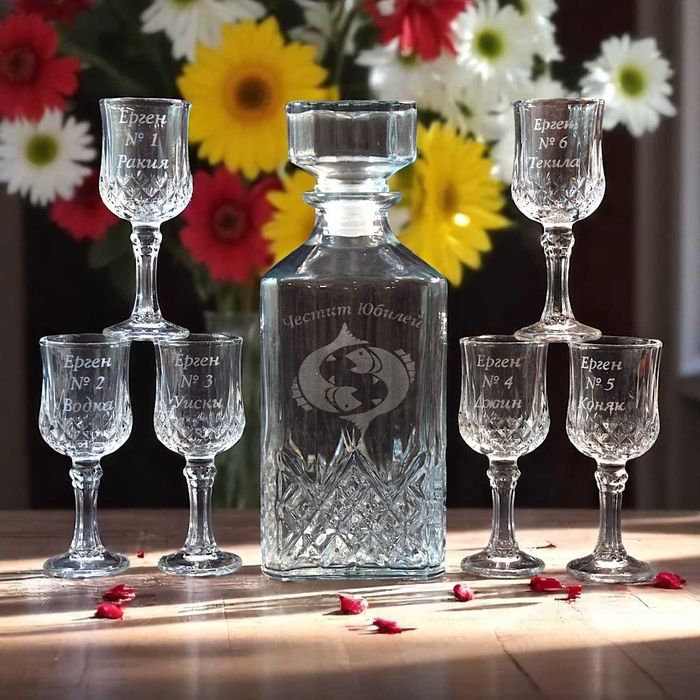 Лазерно гравирана стъклена гарафа + шест броя стъклени чаши за ракия