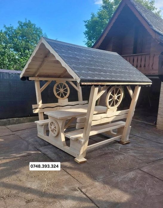 Foisor rustic  din lemn masiv terasa  masă  cu băncuțe