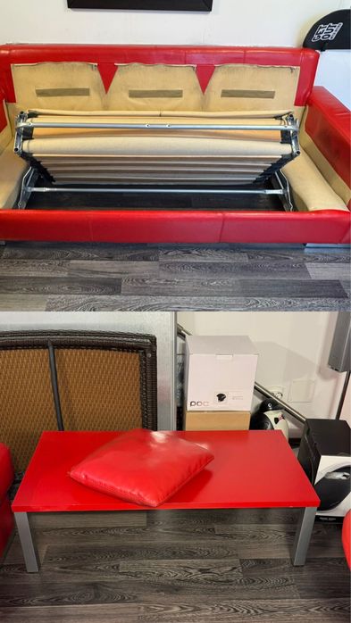 Canapea Extensibila piele naturala, fotolii, tabureti, masuta, perne