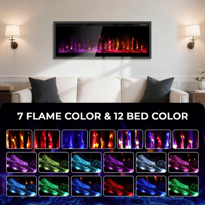 Електрическа камина 42", 7 цвята пламък и 12 цвята жарава, черна