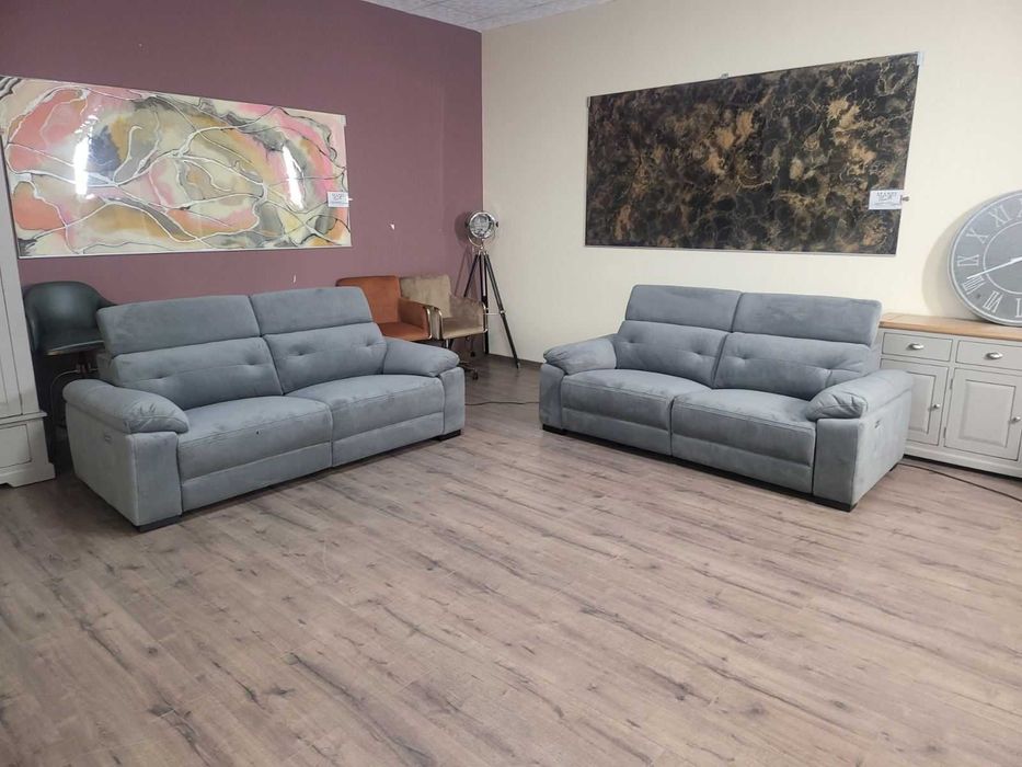 Сив комплект дивани от плат две тройки с ел релакс механизъм