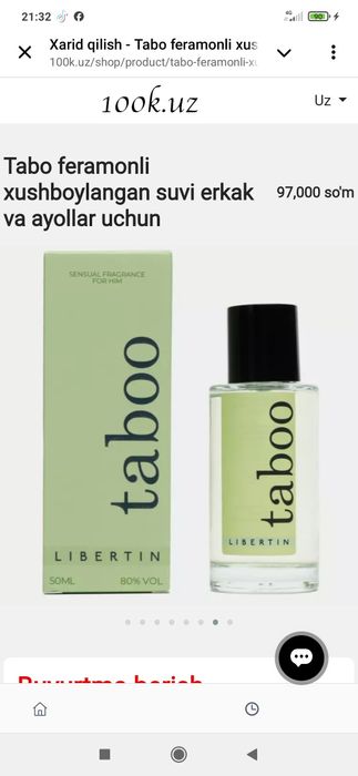 Tabo feramonli xushboylangan suvi erkak va ayollar uchun