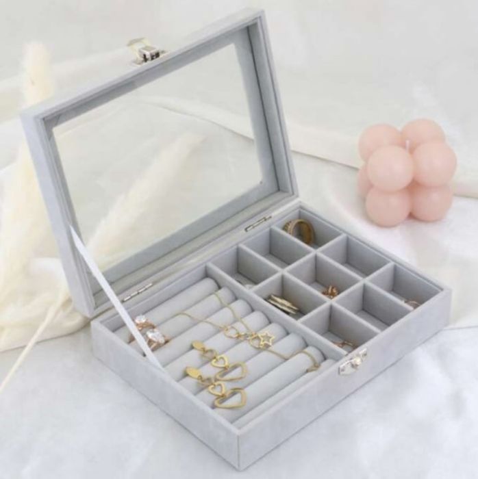 Кутия за бижута, сива, стъклен капак