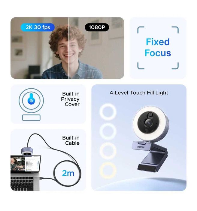 Ugreen USB HD Webcam 2K with Ring Light 30FPS Веб-камера с подсветкой