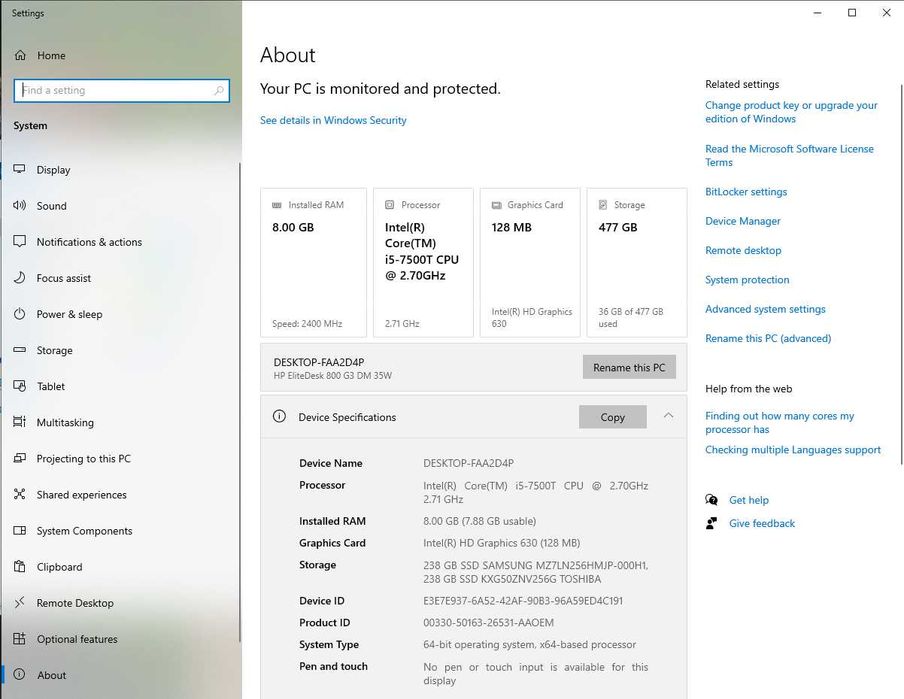 Mini PC HP EliteDesk 800 G3 i5-7500, 8GB DDR4, 480GB SSD, Intel HD 630