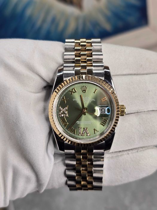Rolex Datejust Two Tone Gold Steel Fluted Olive Green Roman Diamond Dial Jubilee 31mm