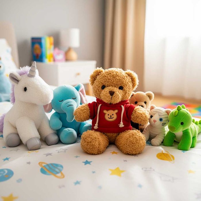 Ursulet de plus moale si pufos maro deschis cu pulover rosu 30 x 23 cm