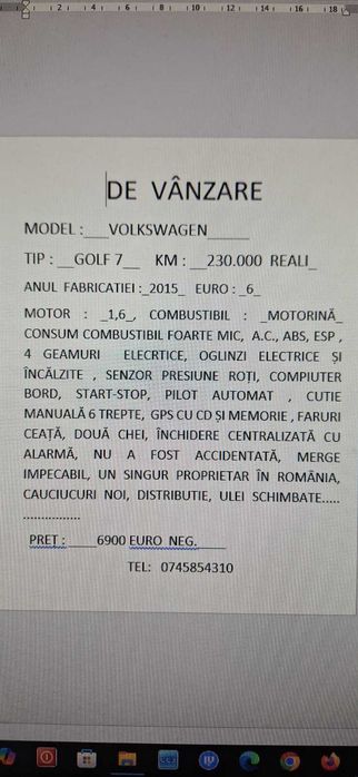 Vand masina Volkswagen Golf 2015